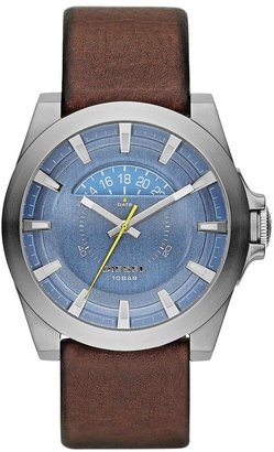 Diesel Arges Stainless Steel and Blue Oversized Date Dial with Brown Leather Strap Mens Watch