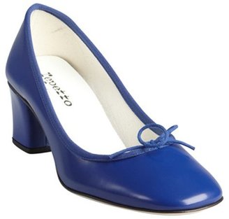 Repetto cobalt leather bow detailed block heel slippers