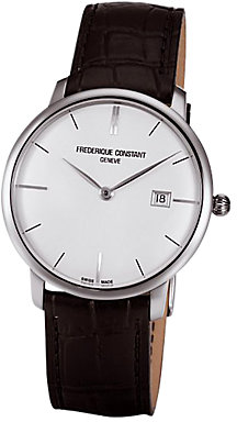 Frederique Constant FC-306S4S6  Men's Slim Line Round White Dial Leather Strap Watch, Black