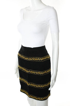 Pas Pour Toi NWT Black Silk Crepe Gold Embroidered Knee Length Skirt Sz 42 $680
