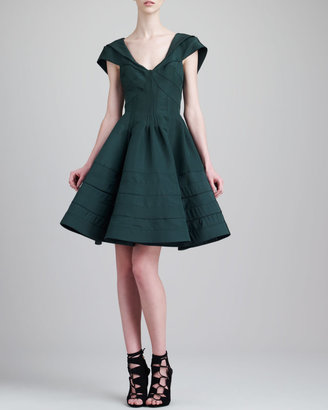 Zac Posen V-Neck Flare Dress, Green