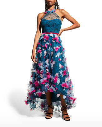 Marchesa Notte High-Low Printed Tulle Halter Gown