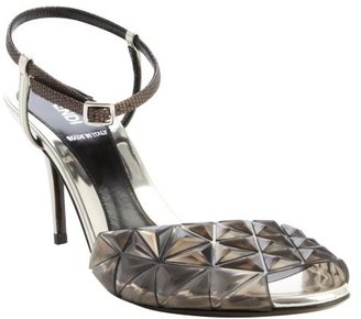 Fendi grey and black leather pyramid spike detail anklestrap heel sandals