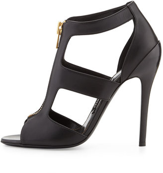 Tom Ford Cutout Leather Zip-Front Bootie, Black