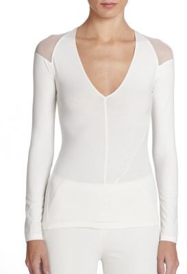 Donna Karan Mesh-Shoulder V-Neck Sweater