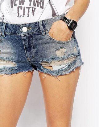 ASOS Low Rise Denim Shorts in Powder Wash with Rips