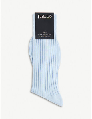 Pantherella Mens Sky Blue Striped Ribbed Cotton Blend Socks, Size: M