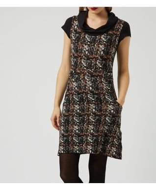 Yumi Black Contrast Cowl Neck Abstract Print Tunic Dress