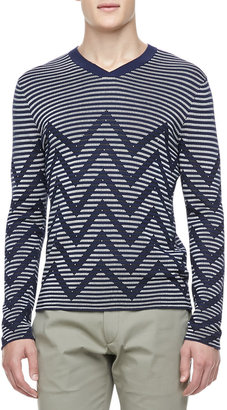 Armani Collezioni Chevron-Striped Sweater, Blue