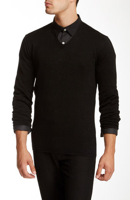 John Varvatos Leather Stitch V-Neck Linen Blend Sweater