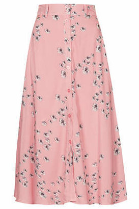 Topshop Womens **Floral Button-through Midi Skirt by The Whitepepper - Pink