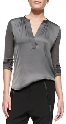 Vince Satin-Front Loose Jersey Top,  Slate