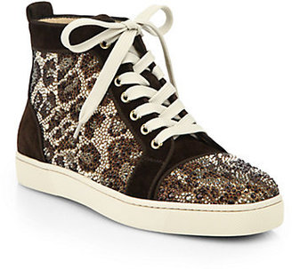 Christian Louboutin Crystal Leopard Pattern Suede High-Top Sneakers