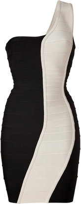 Herve Leger Black/Cream One Shoulder Bandage Dress Gr. M
