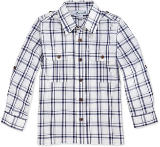 Busy Bees Reece Plaid Camp Shirt, White/Navy, 2Y-12Y