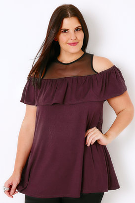 Yours Clothing Black & Wine Cold Shoulder Top With Mesh Panel