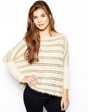 Lovestruck Selena Fluffy Sweater with Metallic Stripes - Cream