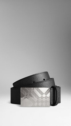 Burberry London Leather Check Plaque Buckle Belt