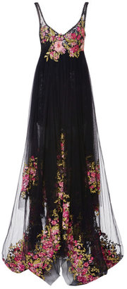 Marchesa Embroidered Tulle Empire Ball Gown Black