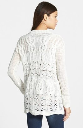 Sun & Shadow Lace Inset Cable Knit Open Cardigan (Juniors)