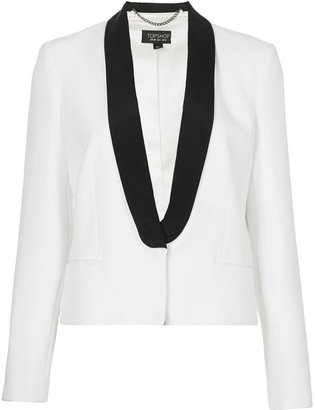 Topshop White tux jacket with contrast lapel, stitch detailing and inner pocket. 100% polyester. dry clean only..