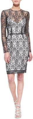 L'Agence Long-Sleeve Lace Dress w/Slip