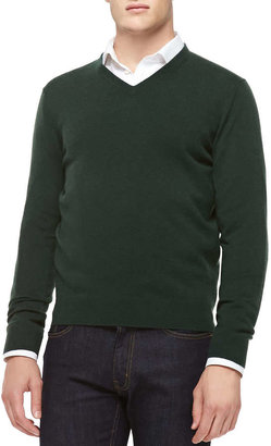 Neiman Marcus Cashmere V-Neck Sweater, Green