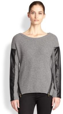 Milly Leather-Trimmed Ribbed Sweater