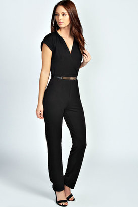 boohoo Cleo Wrap Front Belted Crepe Jumpsuit