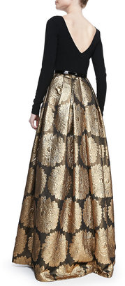 Theia Long-Sleeve Jacquard Skirt Gown