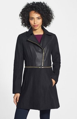 GUESS Asymmetrical Faux Leather & Wool Blend Coat (Online Only)
