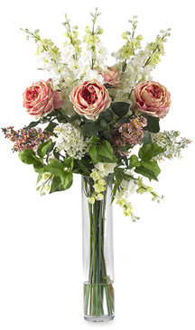 Bed Bath & Beyond Nearly Natural Silk Rose, Delphinium and Lilac Flower Arrangement w/Vase - Pink