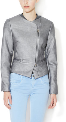 L'Agence Laminated Collarless Jacket with Asymmetrical Zipper