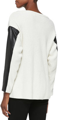 Milly Ribbed Leather-Sleeve Pullover Sweater