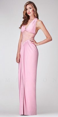 Mignon Ruched Halter with Beaded Illusion Waist Long Dresses