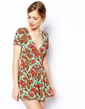 ASOS Peacock Print Playsuit with Deep V Plunge - Multi