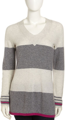 Design History V-Neck Striped Cashmere Sweater, Anchor Gray