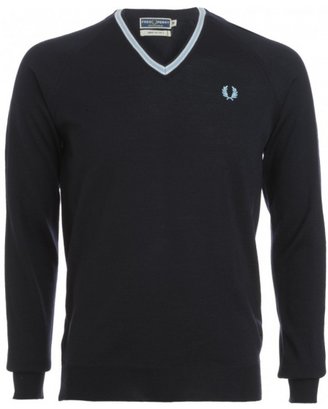 Fred Perry Jumper, Navy Blue Twin Tipped V Neck Knit