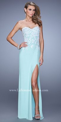 La Femme Beaded Contrast Lace Applique Prom Dress