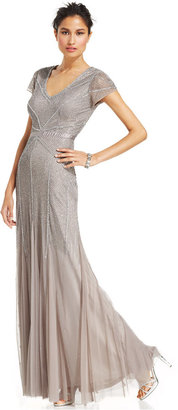Adrianna Papell Adrianna Petite Papell Cap-Sleeve Illusion Beaded Gown