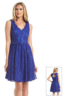 Eliza J Belted Lace Fit And Flare Dress
