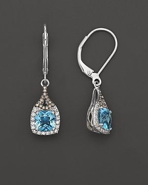 Badgley Mischka Blue Topaz Drop Earrings With White And Brown Diamonds