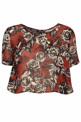 Topshop Cropped tee with all over rose print. 100% polyester. machine washable.