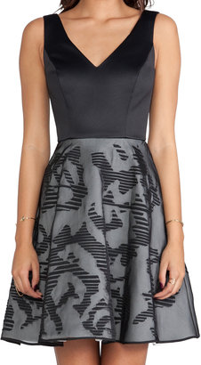 Halston V-Neck Dress with Stripe Skirt