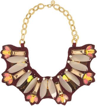 Tory Burch Gold-plated embellished silk and leather bib necklace
