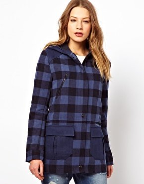 By Zoé Checked Coat with Hood - blue