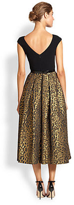 Theia Leopard Jaquard & Crepe Tea-Length Dress