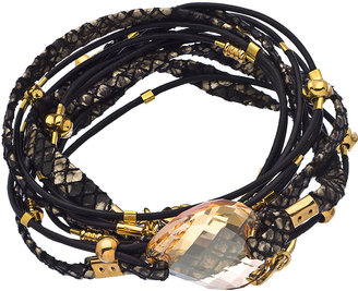 Sara Designs Gold Crystal and Black Leather Wrap Bracelet