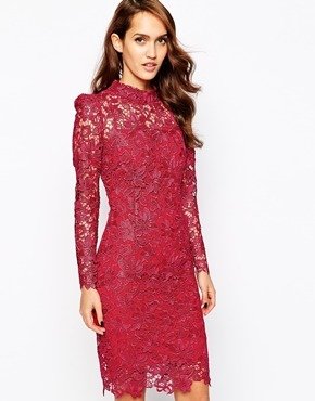 Forever Unique Lace Pencil Dress with High Neck - Red