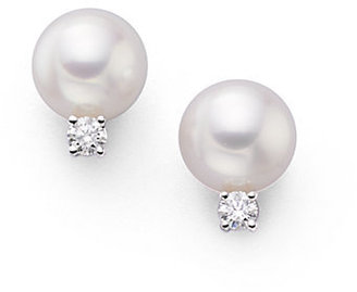 Mikimoto 7MM White Cultured Akoya Pearl, Diamond & 18K White Gold Earrings